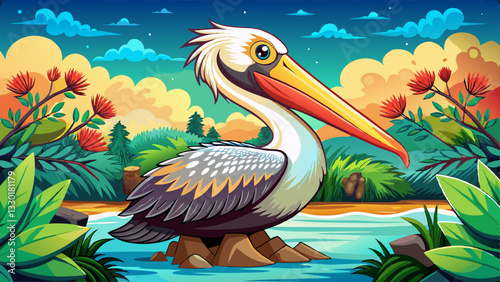 Majestic pelican with a long vibrant beak and detailed feathers, perched near a tropical river surrounded by lush plants and colorful flowers at sunset