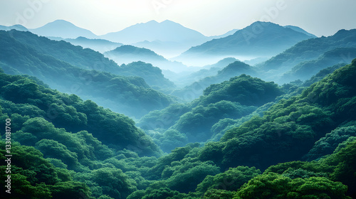 Misty mountain range. Lush valleys