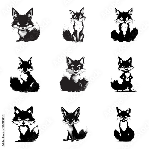 set of fox black & white vector element, animal, cartoon, cat, dog, vector, set, illustration, head, pet, fox, icon, pig, tiger, cute, bear, animals, collection, baby, face, funny, rabbit