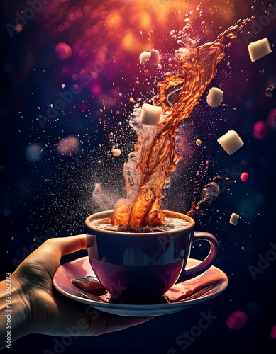 A surreal and whimsical composition featuring a cup of coffee splashing with floating marshmallows, set against a breathtaking cosmic backdrop filled with stars and galaxies, merging everyday life wit