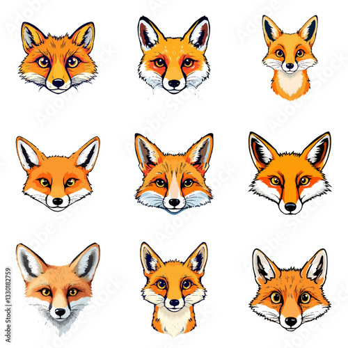 set of fox vector face element, animal, cartoon, cat, dog, vector, set, illustration, head, pet, fox, icon, pig, tiger, cute, bear, animals, collection, baby, face, funny, rabbit, cow, character