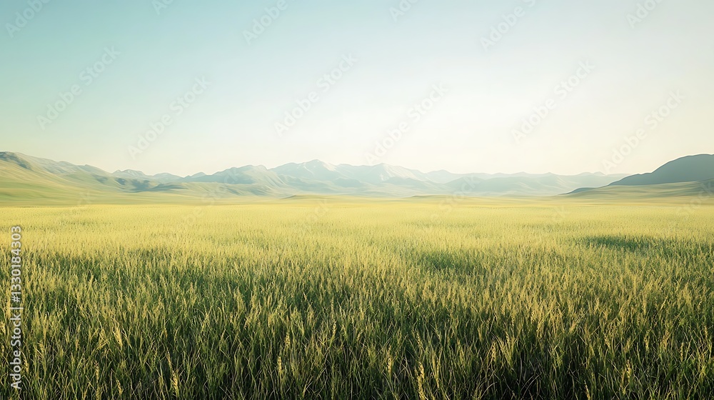 A serene landscape featuring vast fields and distant mountains under a clear sky. A serene landscape featuring vast fields and distant mountains under a clear sky.
