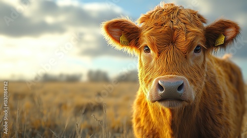 close up portrait a highland cow at grass field 