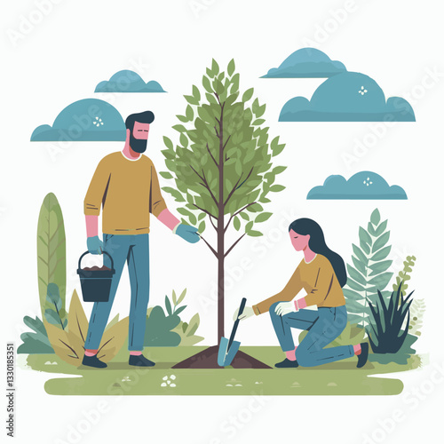 Activists, a man and a woman, plant a tree in the park. Vector graphics. EPS.