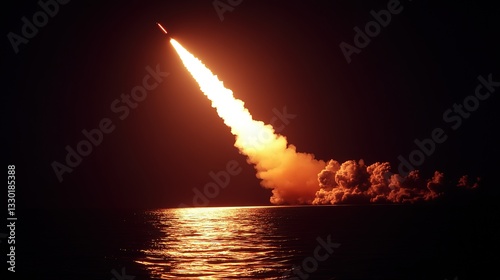 A fiery streak of light resembling a missile arcing upward into the sky with fire glowing trail 