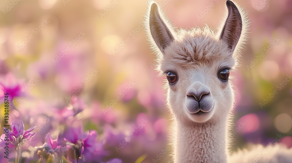 Fototapeta premium cute fluffy baby alpaca surround with pink flower