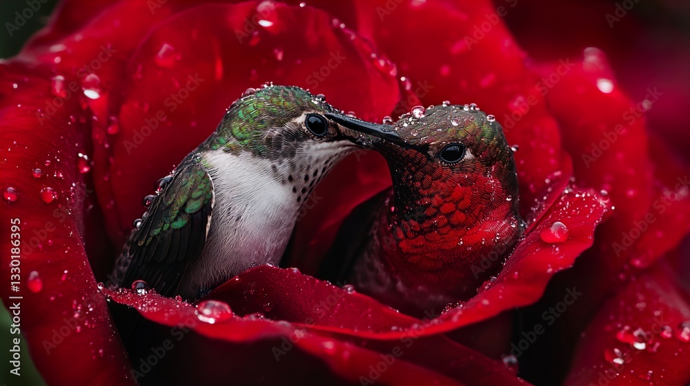 Naklejka premium Hummingbirds Nestled in a Vibrant Red Rose
