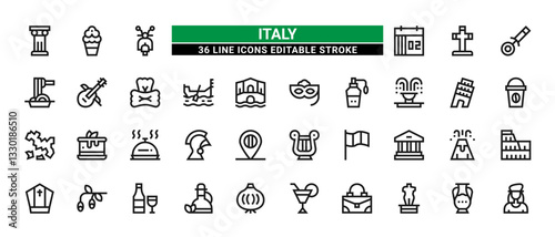 36 Italy Line Icons Set Pack Editable Stroke Vector Illustration.