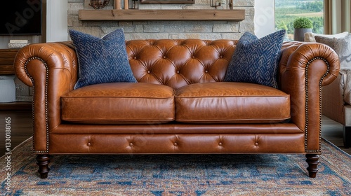 Brown leather Chesterfield loveseat with button tufting, wooden legs, and blue patterned pillows on a rug photo