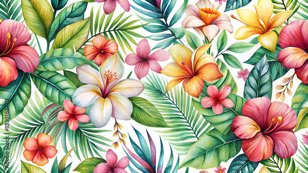 custom made wallpaper toronto digitalTropical Flowers and Leaves Watercolor Painting . Floral Pattern Design