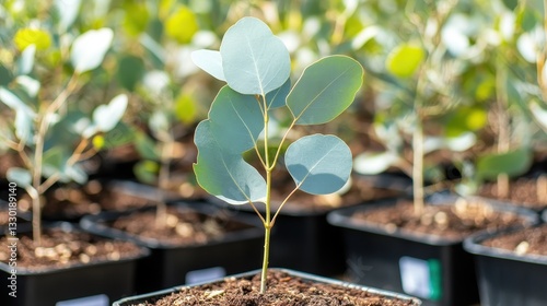 Eucalyptus seedling in a pot, surrounded by other potted seedlings