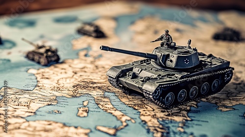 world map with tank model on it, world war and battle field concept 