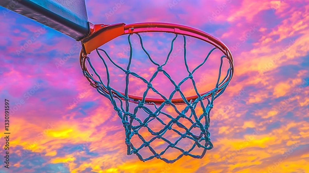 A vibrant sunset backdrop frames a basketball hoop, symbolizing sport and leisure. A vibrant sunset backdrop frames a basketball hoop, symbolizing sport and leisure.