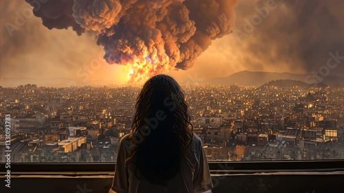 Girl looking at the nuclear explosion. Atomic bomb blast in the city. Apocalypse and world war