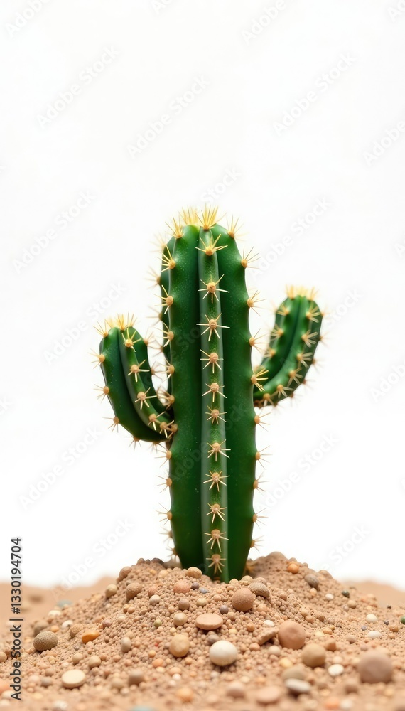Naklejka premium Single small cactus on white background in desert landscape, cactus, terrain, simplicity