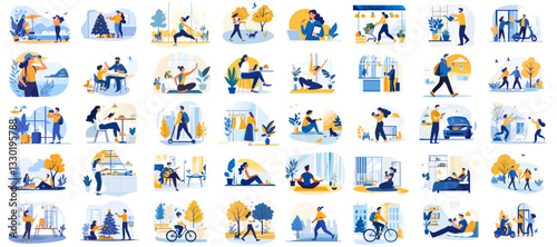 Lifestyle vectors bundle collection featuring 40 pieces illustrating daily activities and healthy living