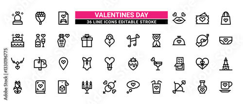 36 Valentines Day Line Icons Set Pack Editable Stroke Vector Illustration.
