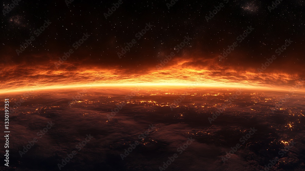 Naklejka premium A stunning view of a fiery horizon above a planet's surface, evoking a sense of wonder.