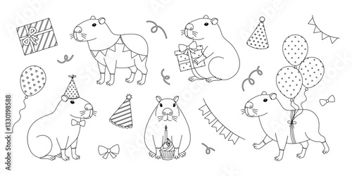 Funny festive capybaras coloring page. Outline set with gifts, balloons, party hats, garlands, bows and cupcake. Cute capibaras in different poses for greeting card, banner. Coloring book for print
