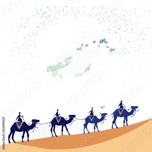 Minimalist vector illustration of a camel caravan crossing the desert under a starry sky, depicting a traditional nomadic journey.

