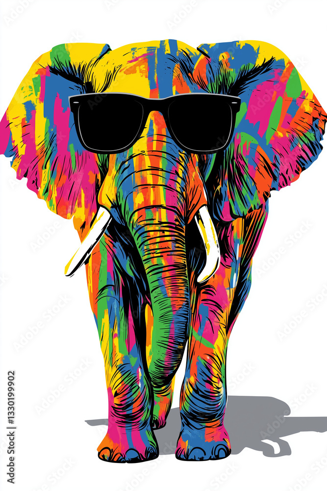 Naklejka premium A stylish elephant with cool black sunglasses, standing confidently on a clean white background. 