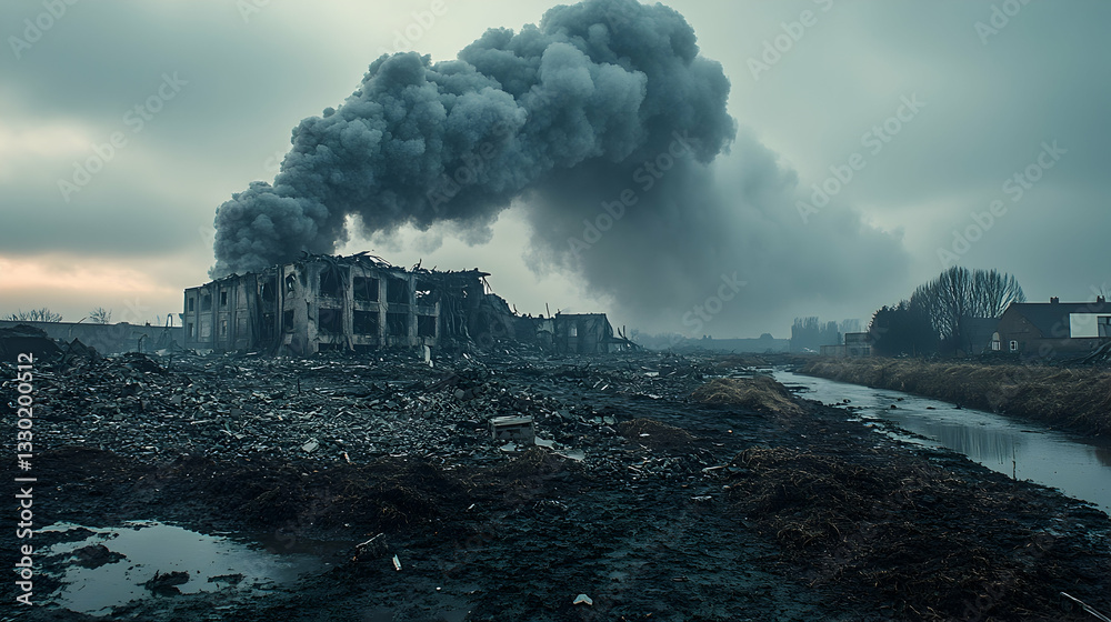 Fototapeta premium Industrial disaster, ruined building, dark smoke