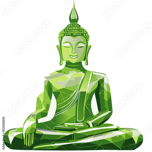 Green Polygonal Buddha Statue in a Meditative Pose

