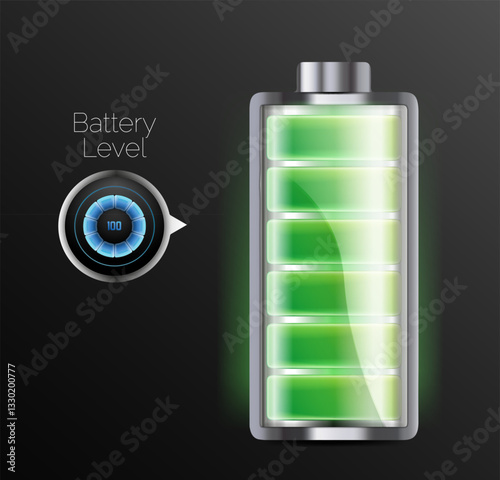 Vector set of battery charge indicators with low and high energy levels isolated on background
