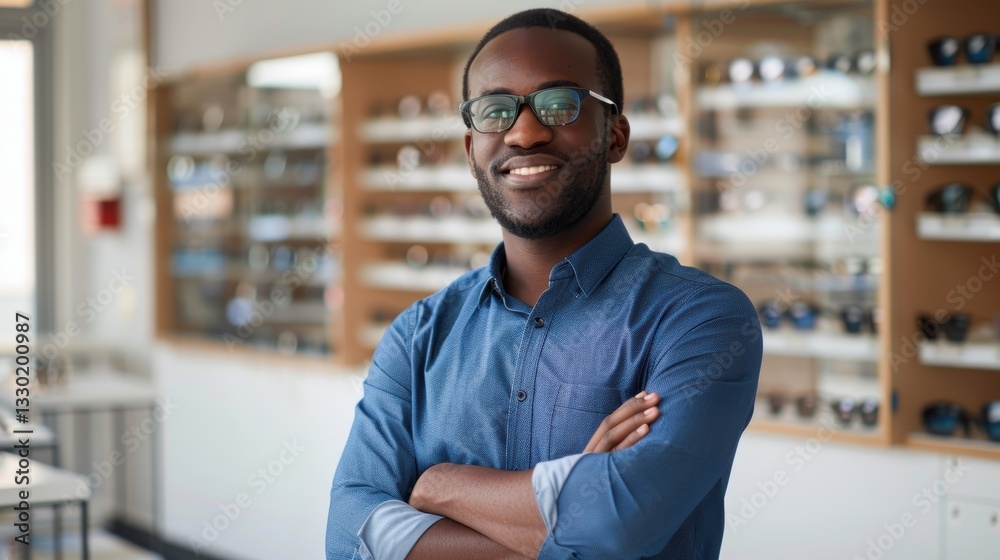 Portrait of a content man in eyeglasses, showcasing expertise in vision assistance and eye care with professionalism and pride Portrait of a content man in eyeglasses, showcasing expertise in vision assistance and eye care with professionalism and pride