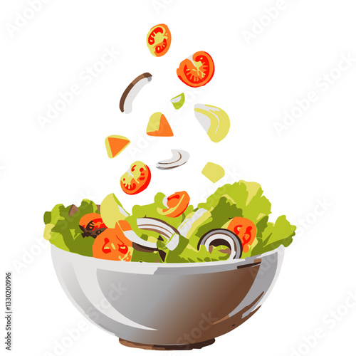 Fresh Salad Ingredients in Mid-Air Against a Dark Background

