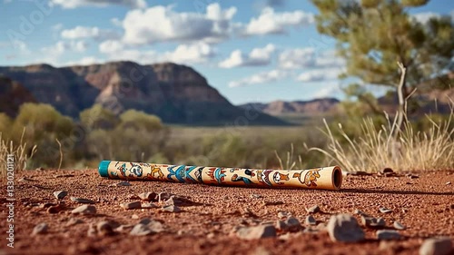Colorful traditional flute resting on red earth with mountains and blue sky in the background