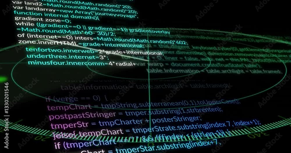 Computer code and data processing animation over dark background with glowing text