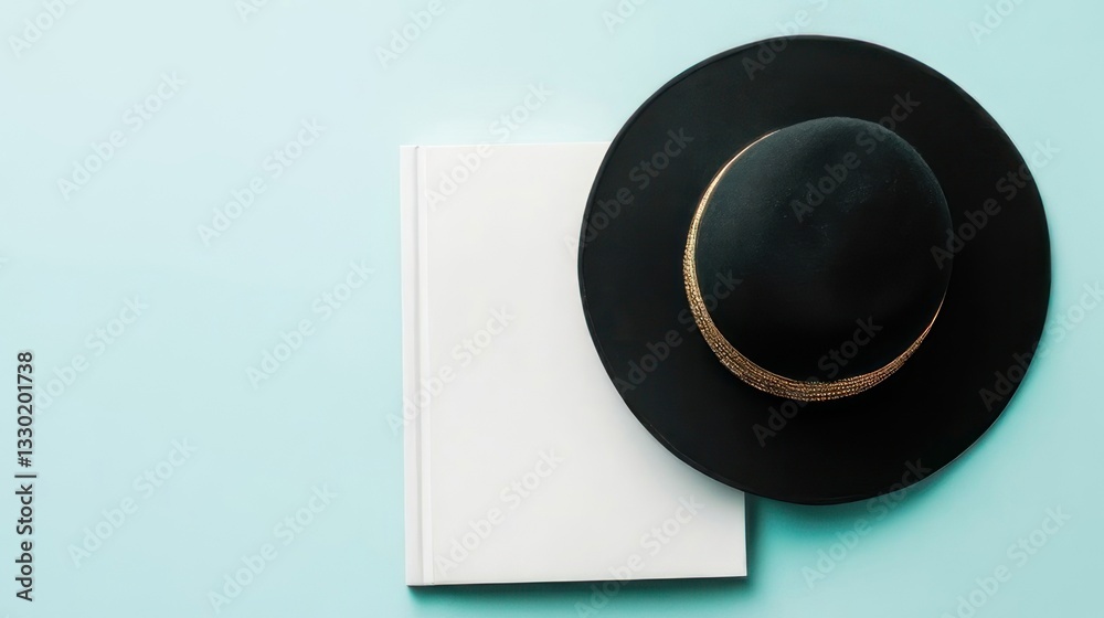 Stylish black hat and a blank book on a pastel background Stylish black hat and a blank book on a pastel background