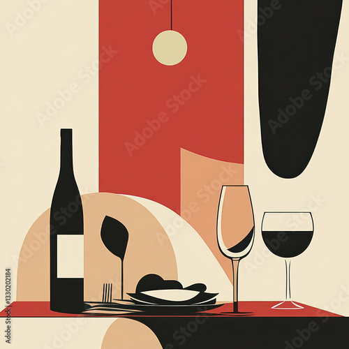 minimalist abstract illustration of dining table setting featuring wine bottle, glasses, and plates. design uses bold colors and geometric shapes to create modern aesthetic