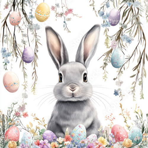 cute gray rabbit surrounded by colorful Easter eggs and flowers, creating festive and cheerful for holiday celebration