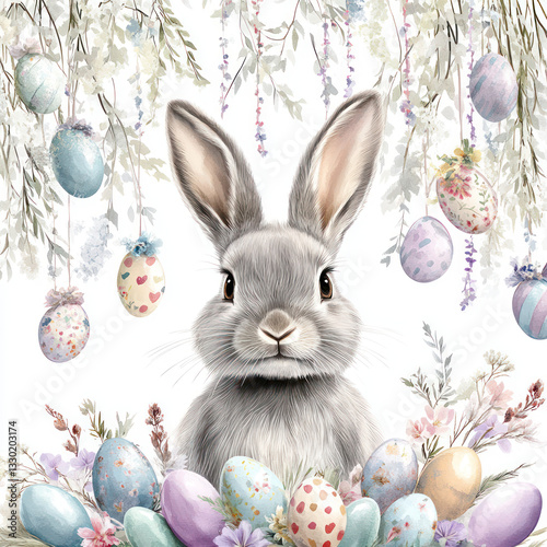 cute gray rabbit surrounded by colorful Easter eggs and flowers, creating festive and cheerful for holiday celebration