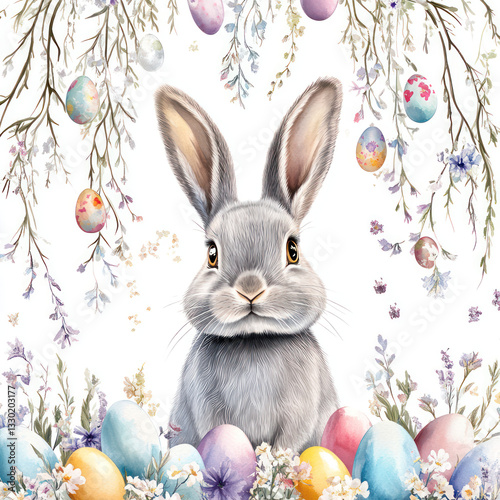 cute bunny surrounded by colorful Easter eggs and flowers, creating joyful spring scene. rabbit soft fur and expressive eyes add charm to this festive illustration