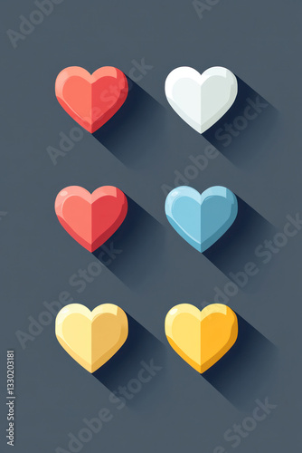 Colorful heart icons in various shades arranged in grid pattern, creating playful and cheerful design. Perfect for expressing love and affection in digital projects