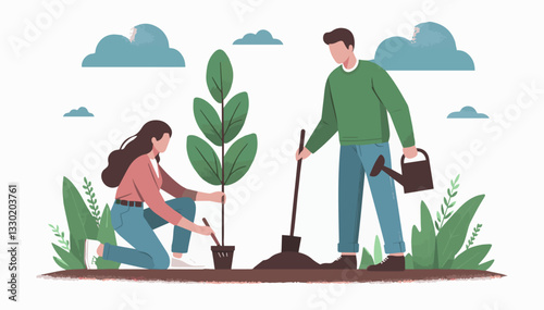 Activists, a man and a woman, plant a tree in the park. Vector graphics. EPS.