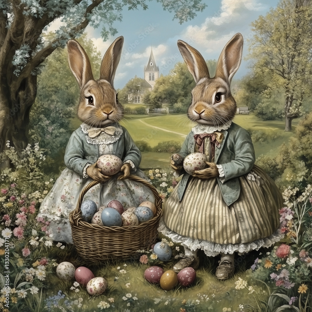 Obraz premium Easter bunnies postcard, illustration, graphics