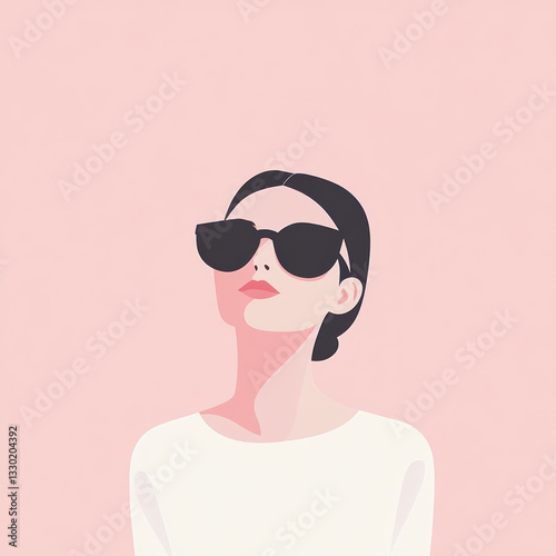 Minimalistic vector illustration of woman wearing sunglasses against pink background. design emphasizes simplicity and modern aesthetics, perfect for fashion themes