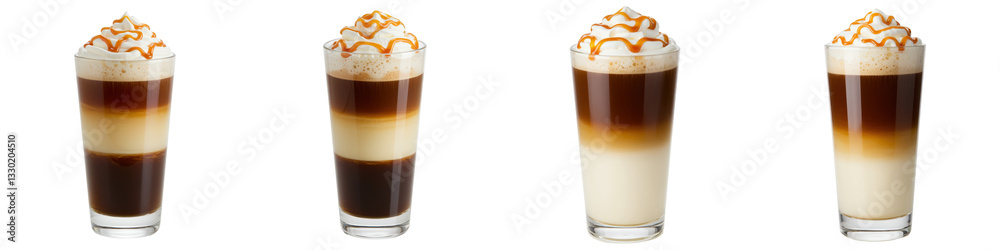 Layered Caramel Coffee Drink in Tall Glass, Cut Out Set Layered Caramel Coffee Drink in Tall Glass, Cut Out Set