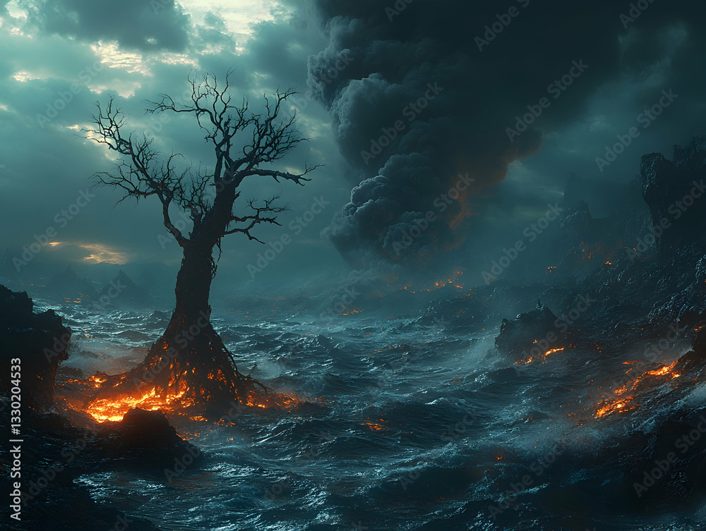 Fototapeta premium Lava-drenched, barren landscape. Dark, stormy sky
