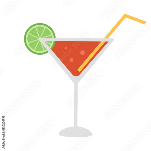 Cosmopolitan cocktail with lime slice and straw. Summer refreshing alcoholic drink with vodka, liquor and juice. Design for bar, restaurant, pub. Vector flat illustration isolated on white background