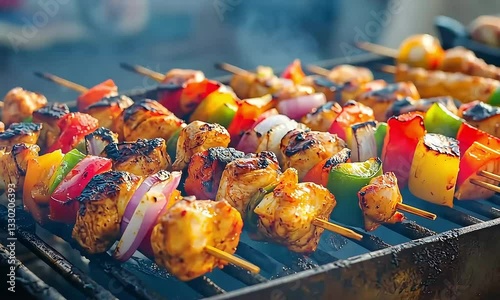 Delicious chicken skewers grilling on barbecue with smoke