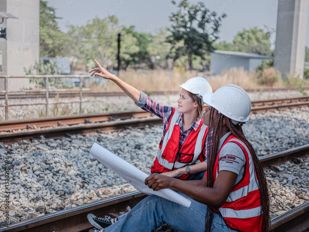 New staff training, engineers discuss with team to work on construction site, railway project, two diverse engineers are discussing work.