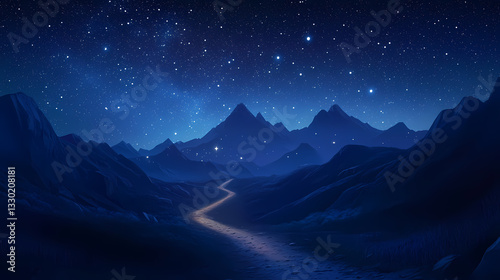 Mountain trail with twinkling starlight at night, landscape, night. Starlight Trails. Illustration