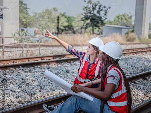Obraz na płótnie New staff training, engineers discuss with team to work on construction site, railway project, two diverse engineers are discussing work. w salonie