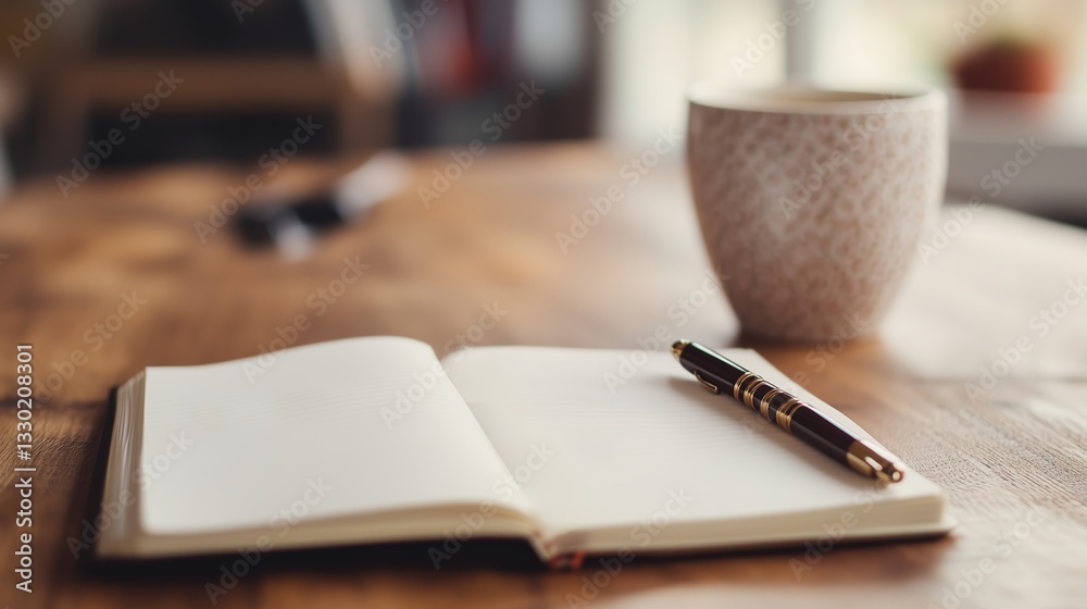 Cozy workspace with empty notebook and coffee cup on wooden table in bright interior setting Cozy workspace with empty notebook and coffee cup on wooden table in bright interior setting