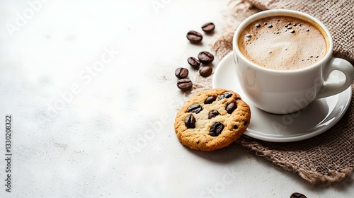 Fototapeta Naklejka Na Ścianę i Meble -  Breakfast coffee and cookie on a white